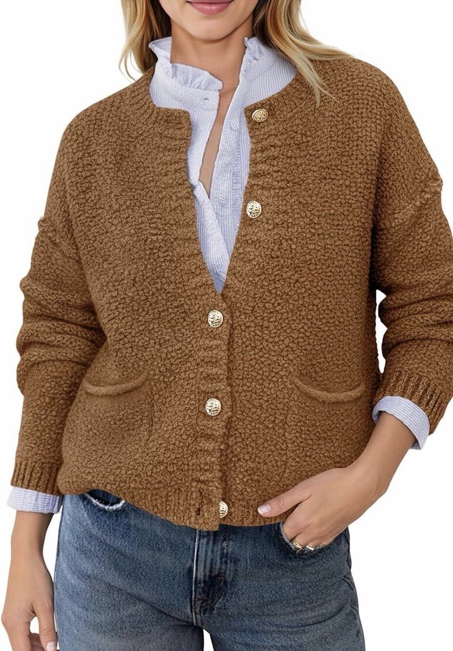 Saodimallsu Chunky Knit Cardigan Brown With Pockets Women's Small